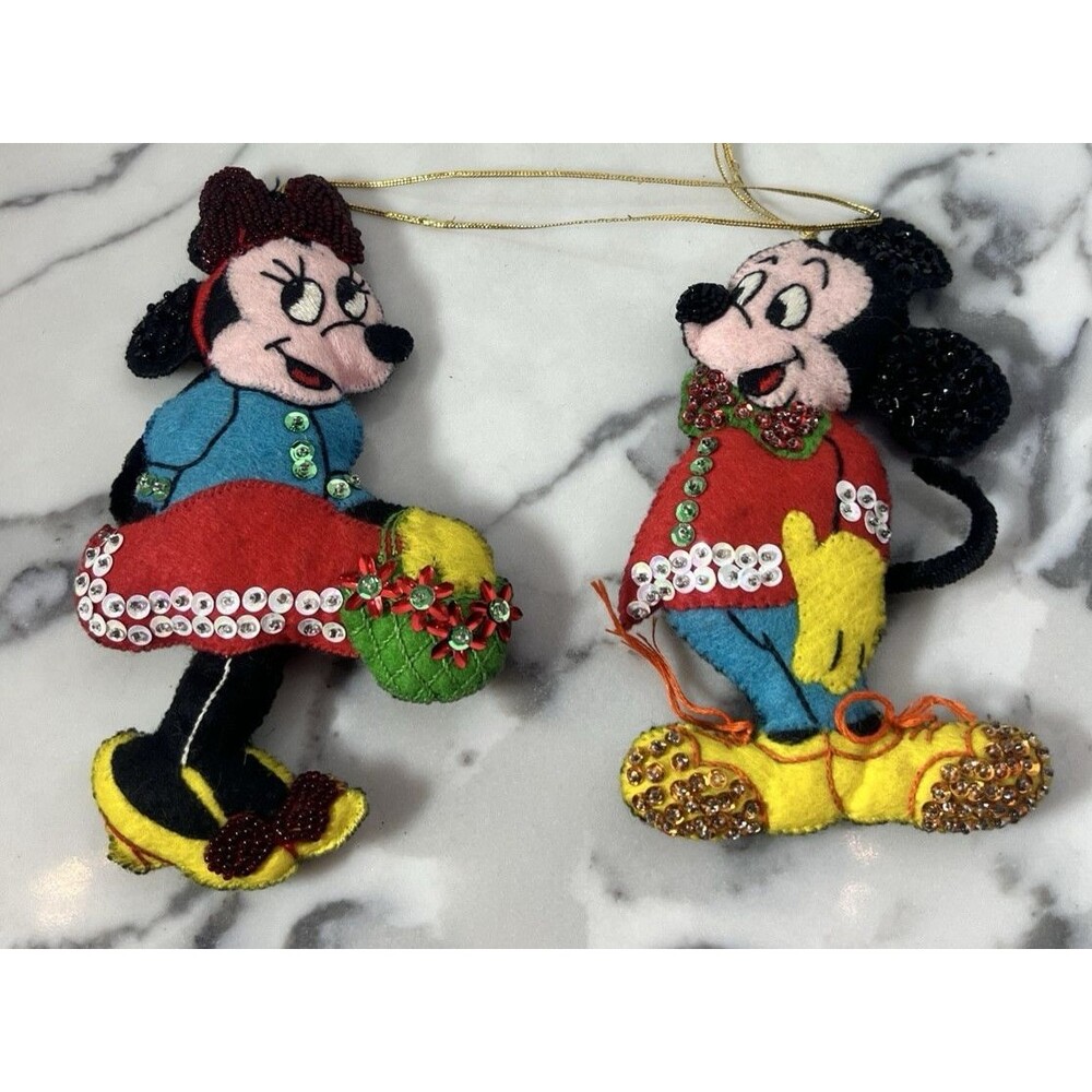 Vintage Mickey & Minnie Ornaments felt 1970s handmade 7” christmas